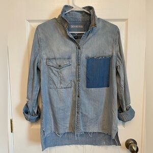 True Religion Boho Denim Jean Deconstructed Blouse Shirt Patchwork Medium